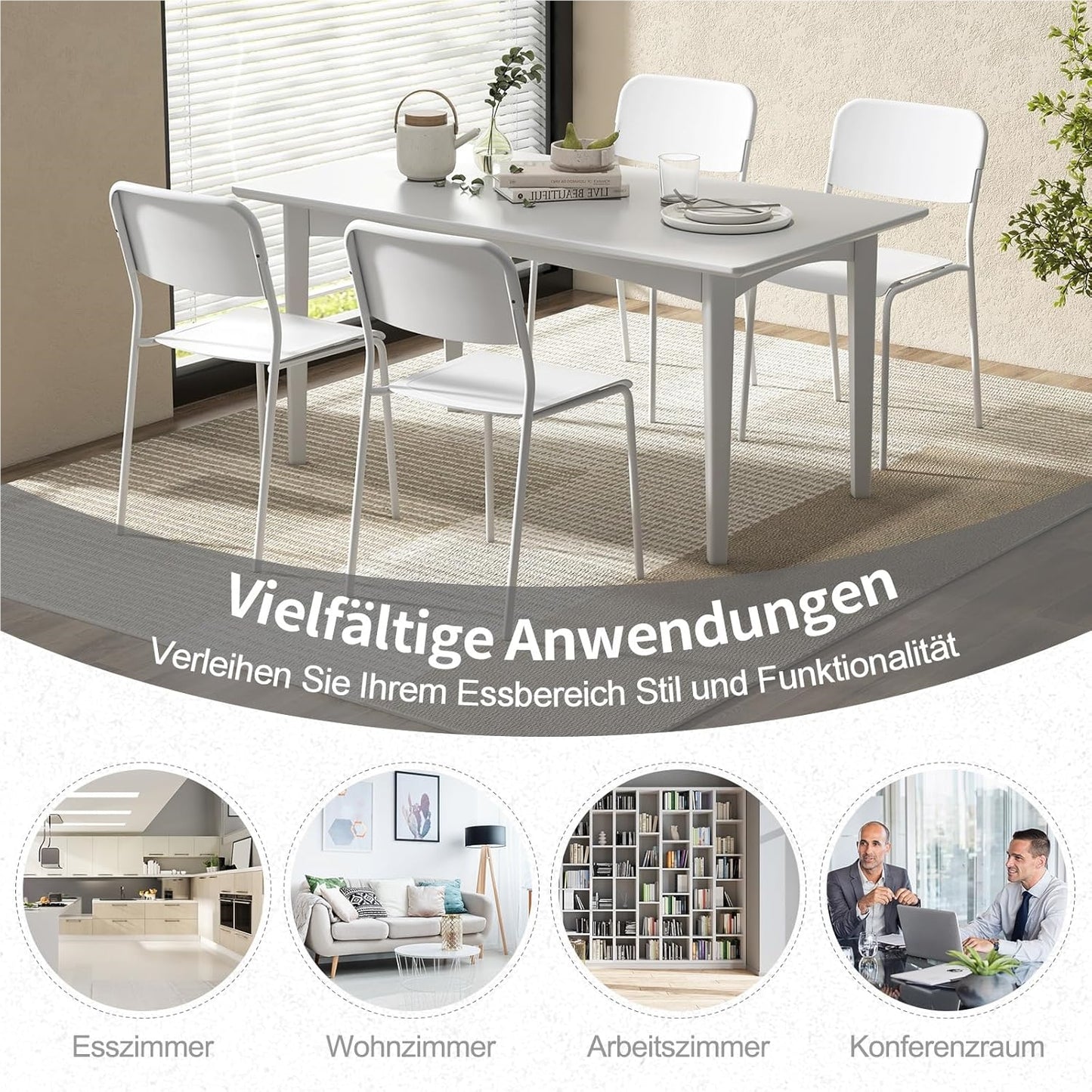 Stoel – Eetkamerstoel – Bureaustoel – Kuipstoel – Stapelstoel – Stapelbaar – PP Zitting – Metalen Onderstel – Wit – Set van 4