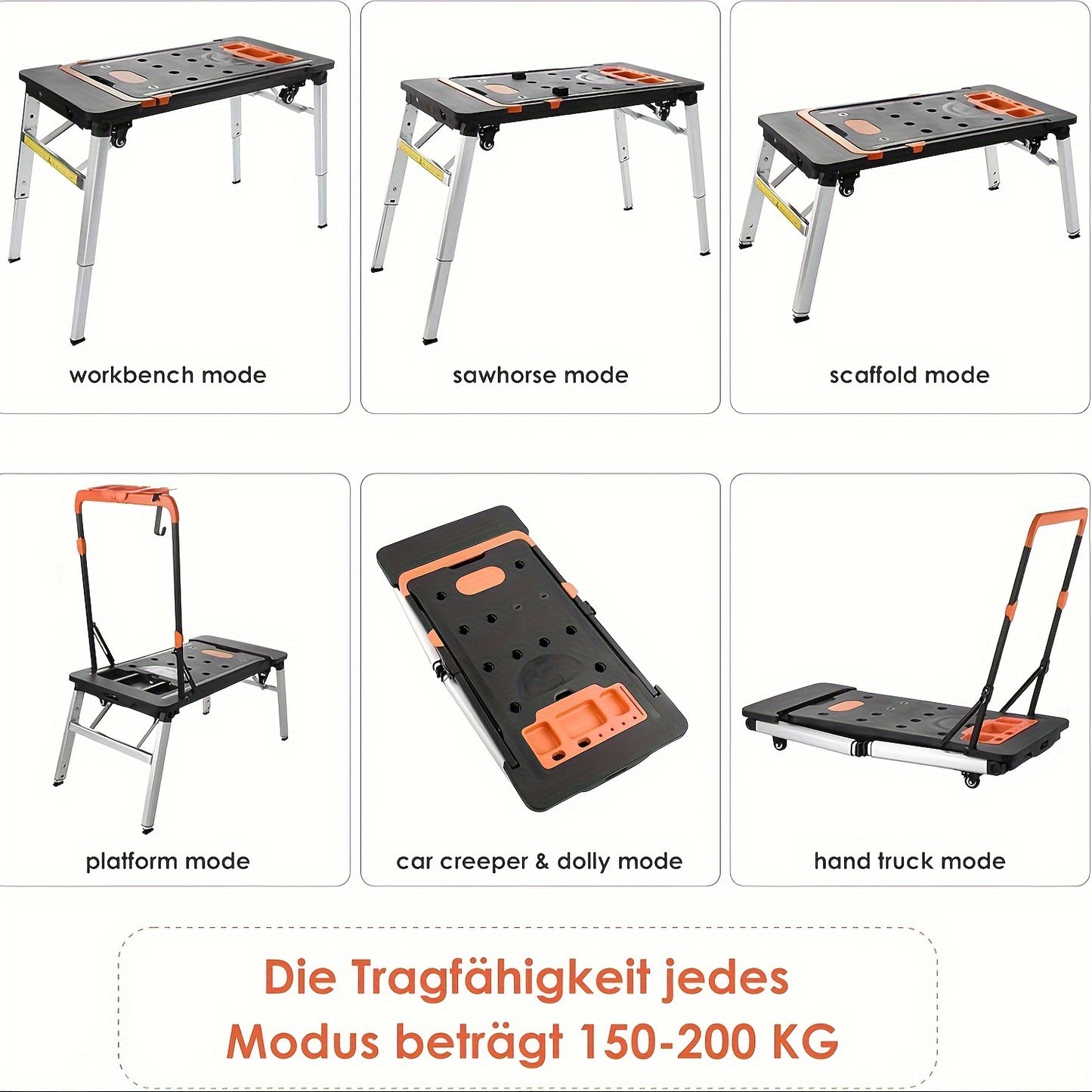 7-in-1 Folding Workbench for Household DIY Workstation, Multifunctional Foldable Work Table with Clamping, Angle Marking, and 150-250kg Load Capacity, Portable Height-Adjustable Workbench with Large Work Surface, ABS/Iron/Alu