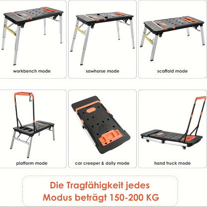 7-in-1 Folding Workbench for Household DIY Workstation, Multifunctional Foldable Work Table with Clamping, Angle Marking, and 150-250kg Load Capacity, Portable Height-Adjustable Workbench with Large Work Surface, ABS/Iron/Alu