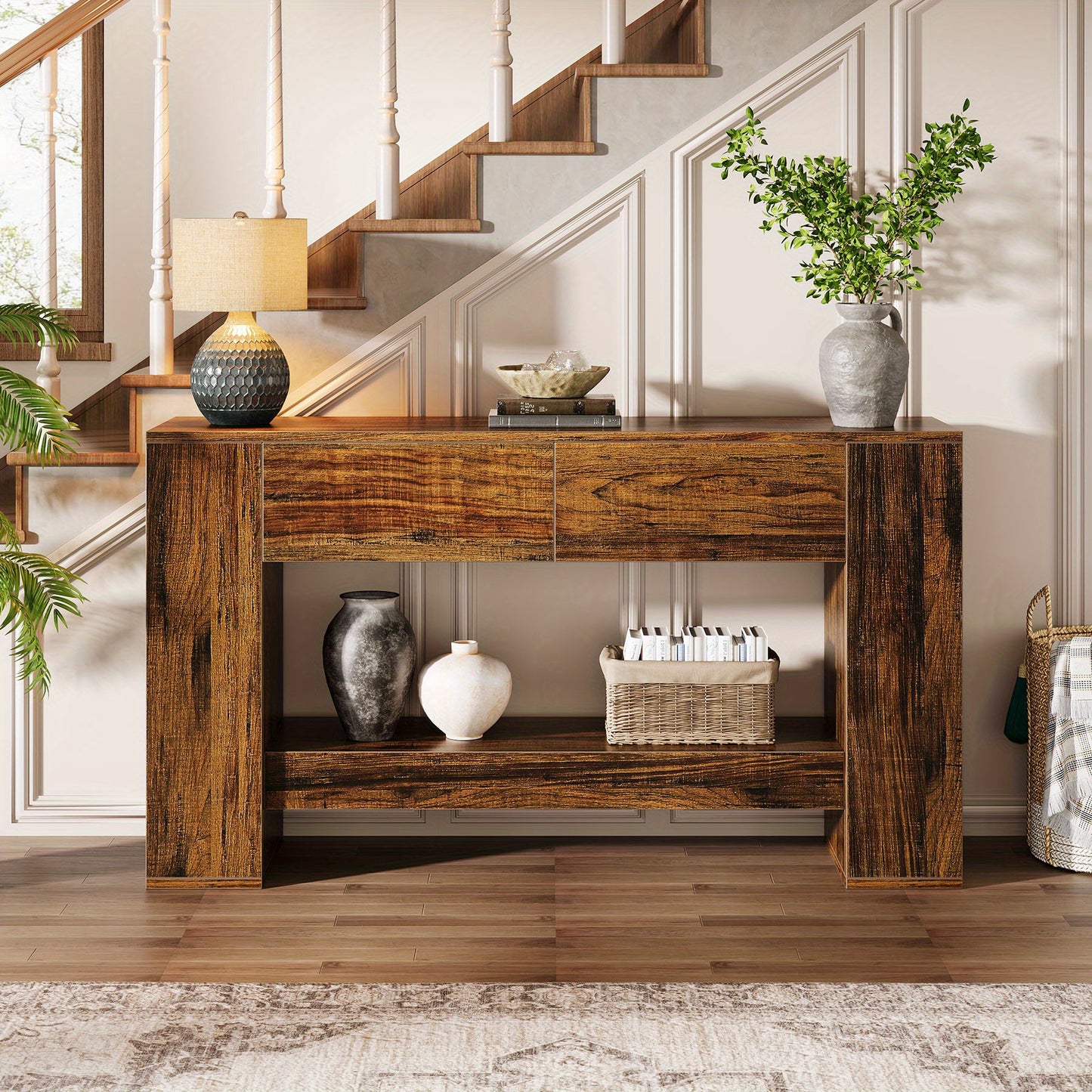Extra Lange Haltafel – Halmeubel – Sofa Tafel – Sidetable – Wandtafel – 139,95 cm Lang – Verborgen Lades en Open Planken – Stevige MDF Houtlook – Eenvoudig Te Monteren