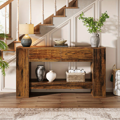 Extra Lange Haltafel – Halmeubel – Sofa Tafel – Sidetable – Wandtafel – 139,95 cm Lang – Verborgen Lades en Open Planken – Stevige MDF Houtlook – Eenvoudig Te Monteren