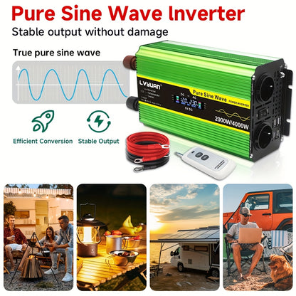 Zuivere Sinusgolf Omvormer – Stroomomzetter – DC-AC Converter – Spanningsomzetter – 24V Omvormer – 2000W Continu Vermogen – Draadloze Afstandsbediening & LCD Display