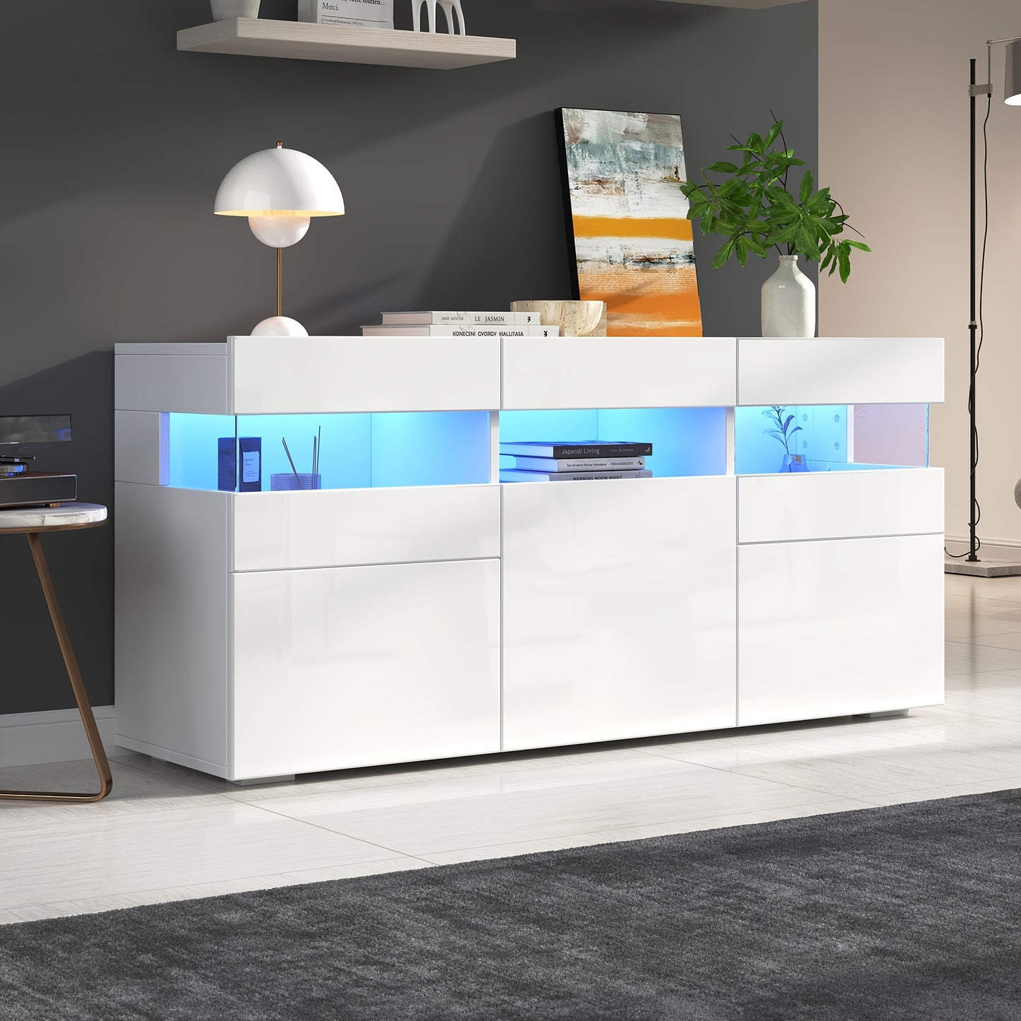 Dressoir – Sideboard – Kast – Opbergkast – Woonkamermeubel – Wit Hoogglans – 140 cm Breed – Duurzaam Bamboe – Drie Deuren Met 7 Planken