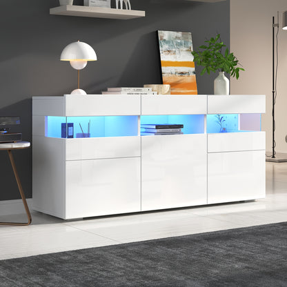 Dressoir – Sideboard – Kast – Opbergkast – Woonkamermeubel – Wit Hoogglans – 140 cm Breed – Duurzaam Bamboe – Drie Deuren Met 7 Planken