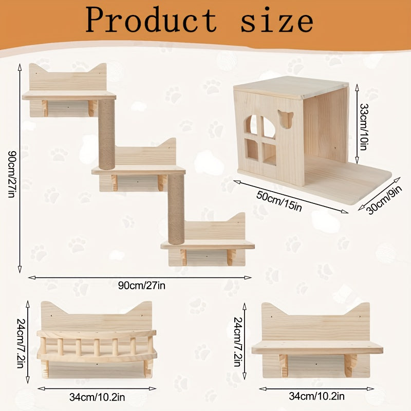 Krabpaal – Kattenboom – Krabmeubel – Kattenhuis – Klimmeubel – Muurbevestigd – Stevig Houten Design – Ruimtebesparend 9-delige Set – Draagt Tot 11,34 Kg