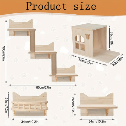 Krabpaal – Kattenboom – Krabmeubel – Kattenhuis – Klimmeubel – Muurbevestigd – Stevig Houten Design – Ruimtebesparend 9-delige Set – Draagt Tot 11,34 Kg