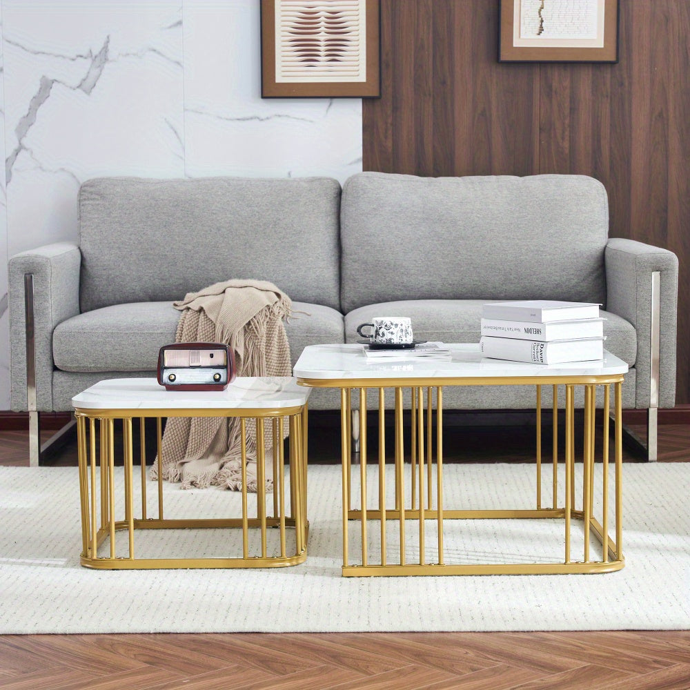Salontafel – Koffietafel – Bijzettafel – Tafeltje – Woonkamertafel – Hoogglans Marmerlook – Verstelbare Poten – Set van 2 (60x60x45 & 45x45x40 cm)