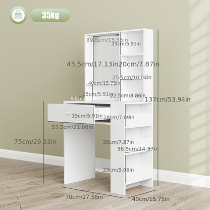 Moderne Kaptafel – Dressoir – Toiletmeubel – Make-uptafel – Vanity – Witte Bamboo Kaptafel – Compact Design – 3-zijdige Spiegel – Duurzaam Bamboe – 3,2 Kubieke Voet Opbergruimte