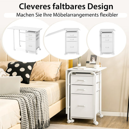 Bureau – Computertafel – Bureautafel – Schrijftafel – Werkplek – Inklapbaar – 3 Laden – Met Wieltjes – Compact – Wit – MDF Tafelblad – Metalen Frame – 105x50x75 cm