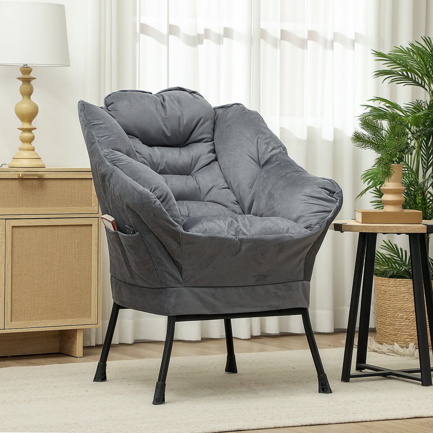 Fauteuil – Zetel – Lounge Stoel – Relaxstoel – Accentstoel – Grijs – Stalen Pootjes – Zijvakken