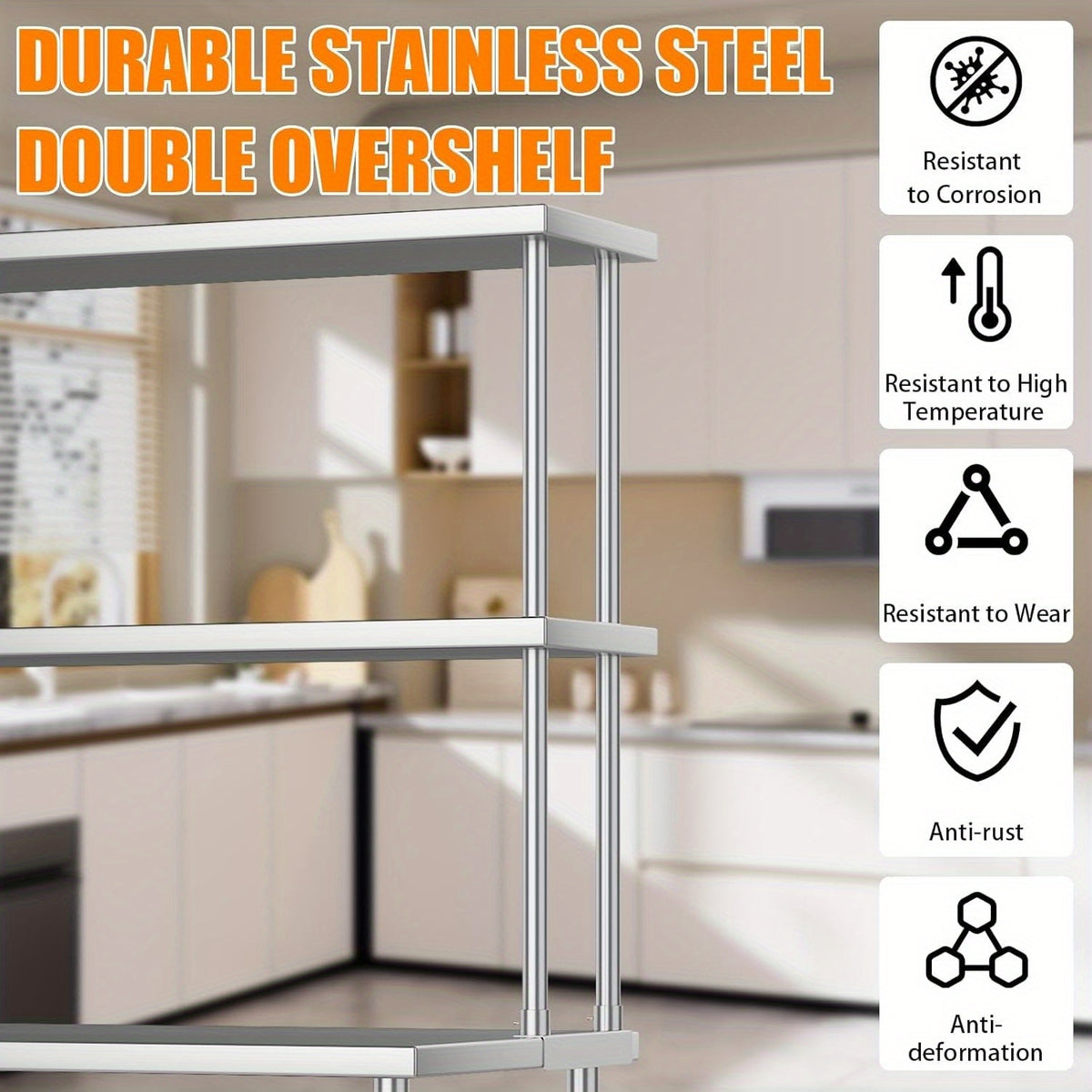 Stainless Steel 30.48cm x 121.92cm Heavy-Duty Commercial Overshelf - 2-Tier Adjustable Height Kitchen Shelving (Supports 163.29 KG) with Sturdy Legs, Space-Saving Design for Restaurant & Home Prep Tables, Dish Storage - Easy to Clean, Durable Stainless St