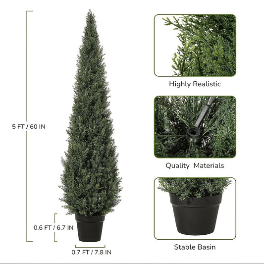 2-Pack 152.4cm Artificial Cedar/Cypress/Pine Topiary Tree & Shrubs - Realistic Outdoor/Indoor Evergreen Fake Trees with Plastic Foliage for Christmas, Garden, Porch, or Decor - Low-Maintenance Potted Faux Plants (No Container