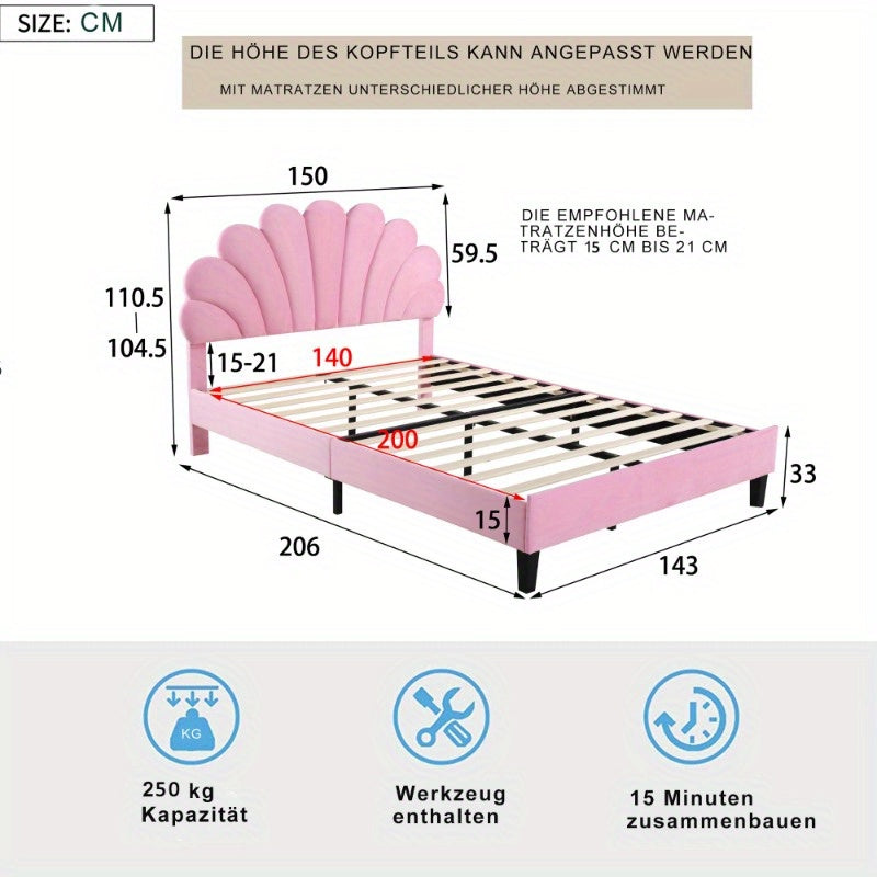 Tweepersoonsbed – Bedframe – Slaapbank – Logeerbed – Bed 140x200 cm – Roze Velours Stoffering – Gevlochten Lattenbodem