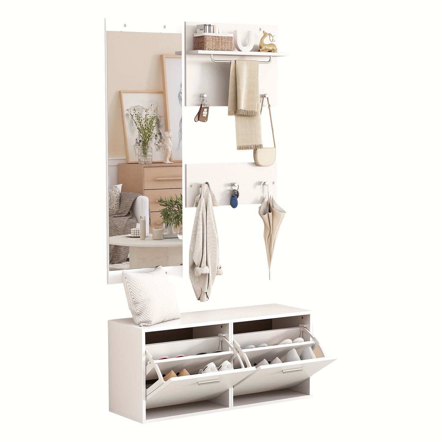 4pcs White Modern Classic Entryway Hallway Wardrobe Set with Mirror, 2 Hat Racks, Shoe Cabinet & 6 Coat Hooks - Space-Saving Compact Storage Cabinet with Doors, Easy Assembly, Floor-Standing Design for Small Spaces, Apartment