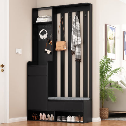 Schoenenkast – Schoenenrek – Schoenenbank – Schoenenopberger – Hal Organizer – Met 4 Haken – Zwart Metalen Frame – Gevoerde Zitplek – 180x100x35 cm – Ruimtebesparend – Duurzaam