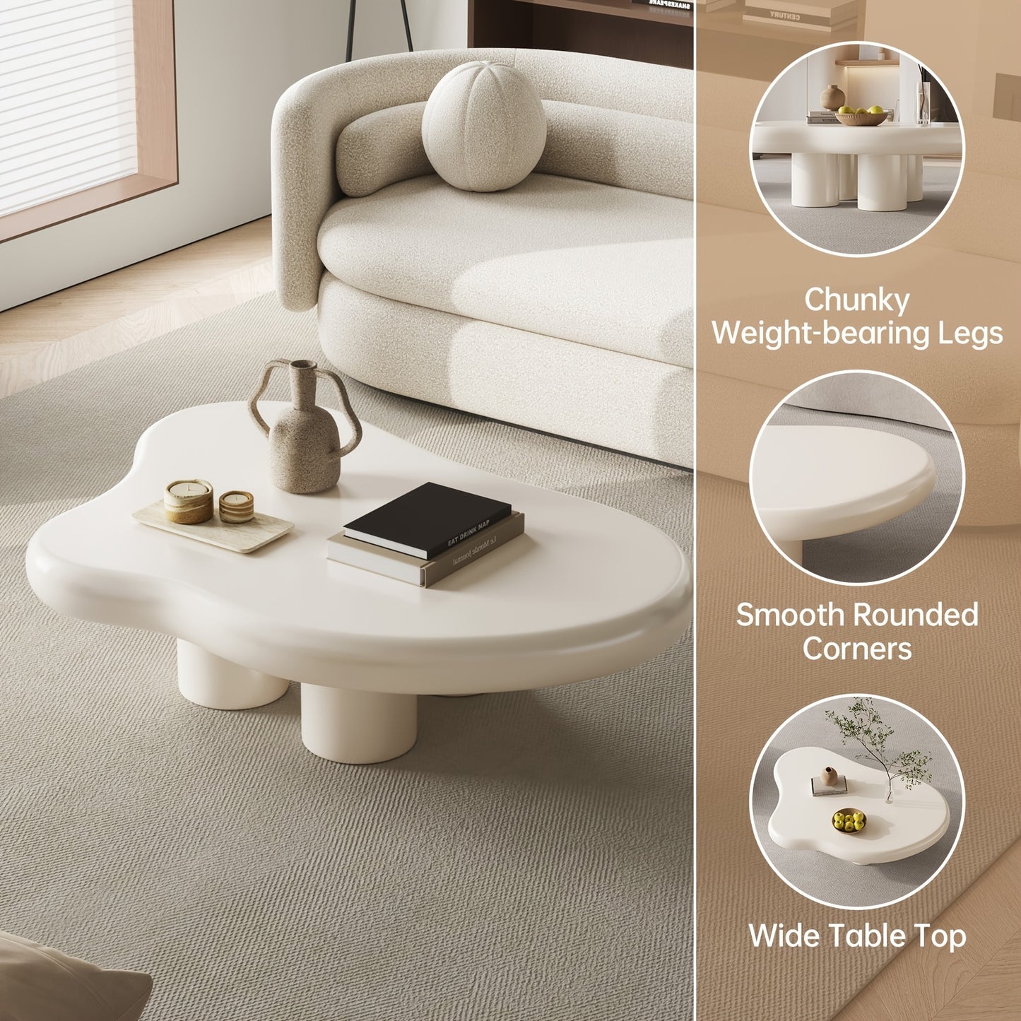 Salontafel – Koffietafel – Bijzettafel – Woonkamertafel – Tafel – Modern – Wolkvorm – Crèmekleurig – Compact – Eenvoudig te Monteren - QUORE