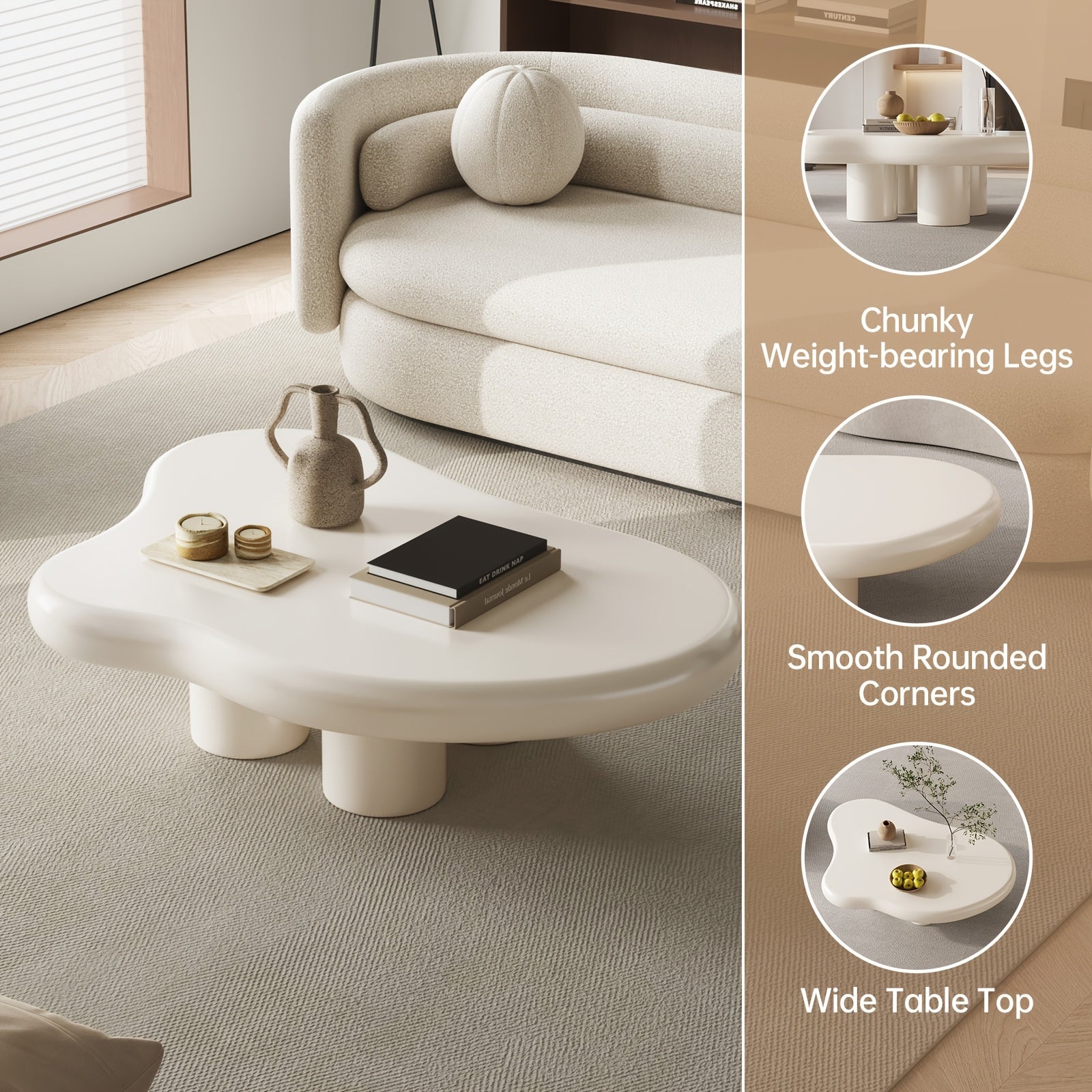 Salontafel – Koffietafel – Bijzettafel – Woonkamertafel – Tafel – Modern – Wolkvorm – Crèmekleurig – Compact – Eenvoudig te Monteren - QUORE