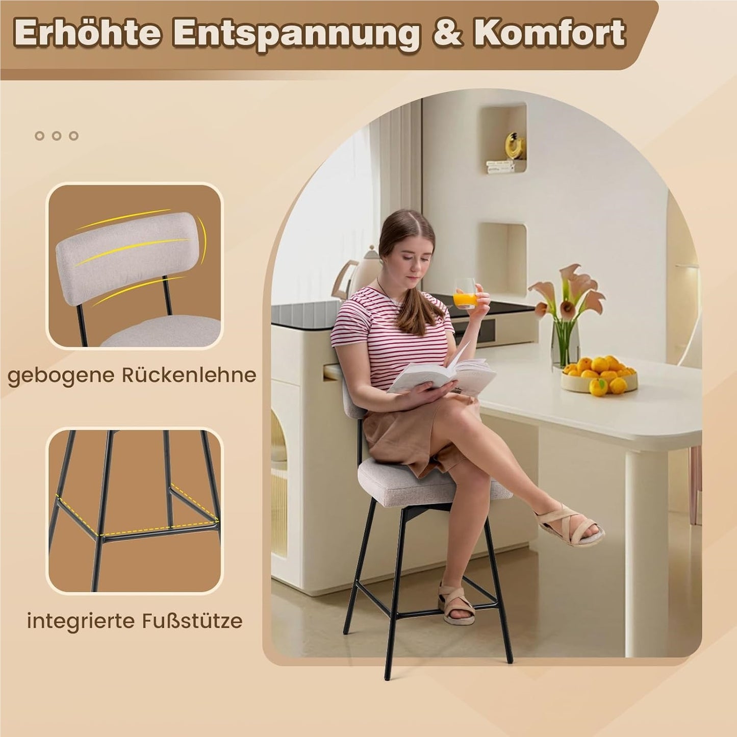 Barstoel – Barkruk – Keukenstoel – Barstoel Set – Barstoelen – Draaibaar 360° – Linnen Bekleding – Zithoogte 63,5 cm