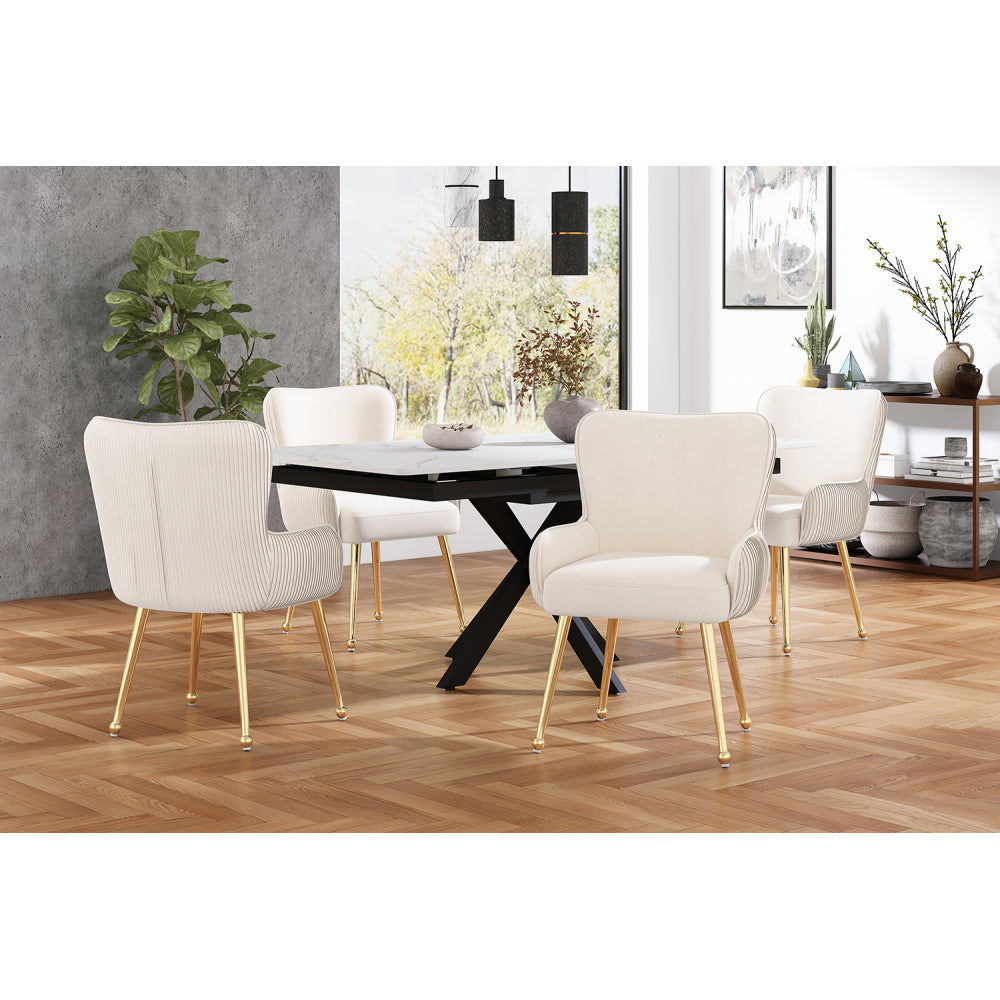 Eetkamerstoel – Velvet Stoel – Kuipstoel – Set Van 2 – Luxe Design – Beige – Gouden Metalen Poten – Met Armleuningen – Verstelbare Glijders