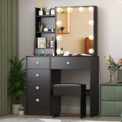 Make-up Tafel – Kaptafel – Schminktafel – Make-up Bureau – Make-up Organizer – Zwart – 6 Lades & Opbergruimte – Instelbare LED Verlichting met 3 Lichtkleuren