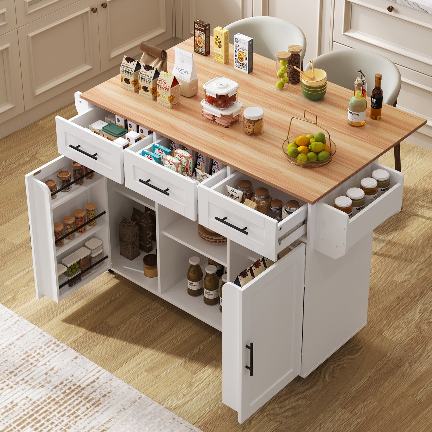 Keukentrolley – Keukenwagen – Serveertrolley – Werkbank – Opbergmeubel – Uitklapbaar Werkblad – Houtlook Afwerking – Met Laden en Verstelbare Planken – Mobiel of Vaste Poten – Wit
