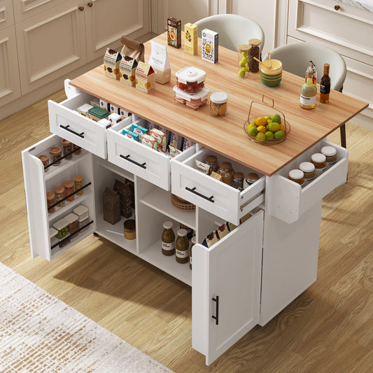 Keukentrolley – Keukenwagen – Serveertrolley – Werkbank – Opbergmeubel – Uitklapbaar Werkblad – Houtlook Afwerking – Met Laden en Verstelbare Planken – Mobiel of Vaste Poten – Wit