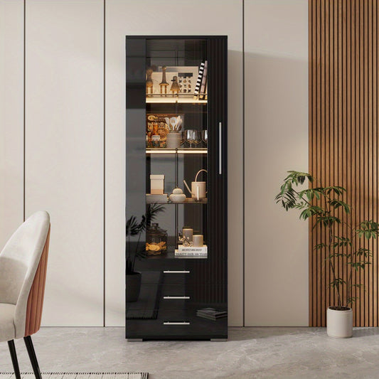 Modern Black Glass Display Case with 3 Drawers - High-Gloss Finish, Freestanding Vertical Storage Organizer for Home Decor, 60x35x180cm, Glass Display Cabinet, Contemporary Furniture, Metallic Frame
