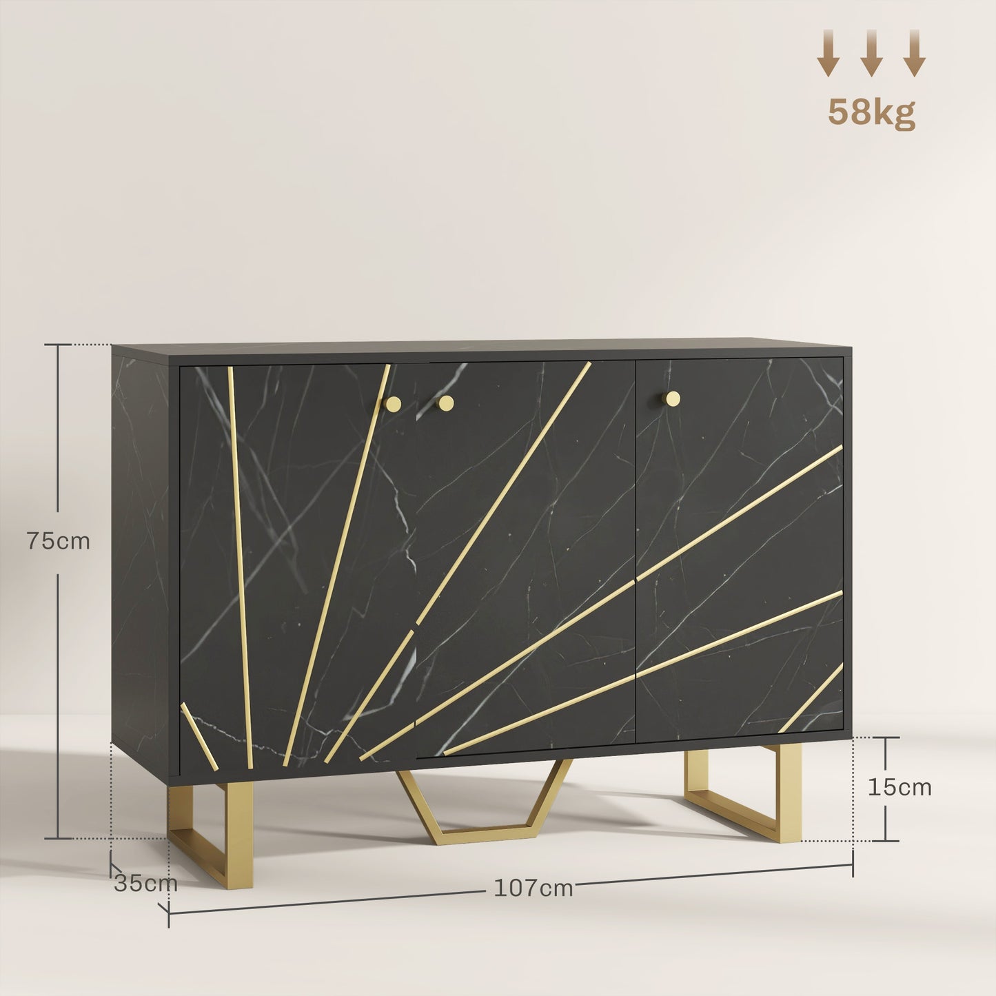 Dressoir – Opbergkast – Buffetkast – Sideboard – Kast – Zwart Marmerlook – 107x35x75 cm – Verstelbare Planken