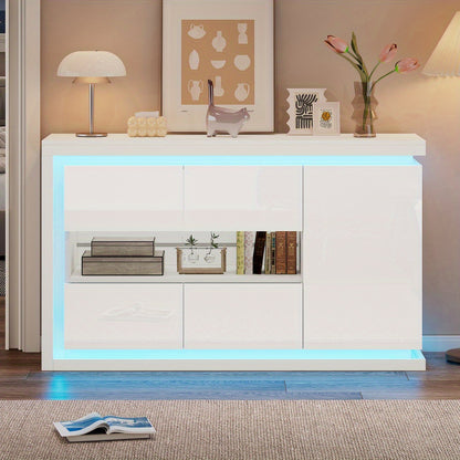 Dressoir – Ladekast – Opbergkast – Buffetkast – Wandkast – Hoogglans Wit – 140x40x84 cm – 4 Compartimenten Met Gehard Glas