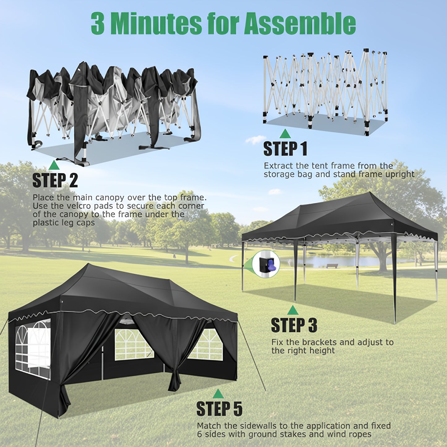 Partytent 3x6m – Pop-Up Tent – Canopy Tent – Tuinkamer – Vouwtent – Afneembare Zijwanden – Verstelbare Hoogte – UV-bestendig Oxford Polyester – Lichtgewicht Aluminium Frame