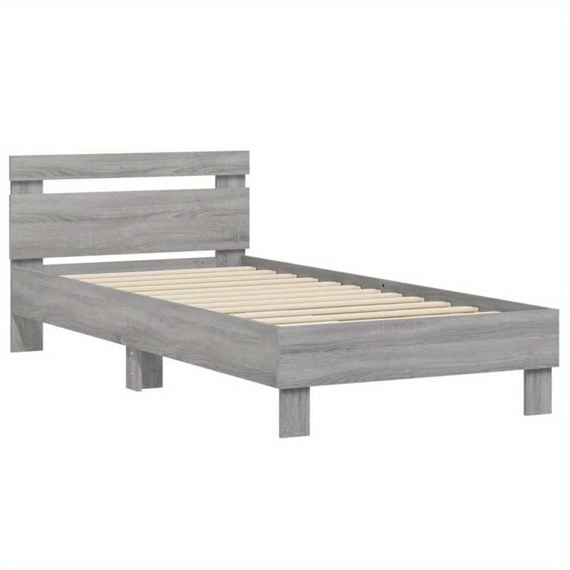 Modern Minimalist Bed Frame with Headboard - Heavy-Duty Hardwood Construction, Easy Assembly, Tool-Free Setup, Space-Saving Design - for Small to Large Bedrooms - Grigio Sonoma (90x200cm/35x79") - Neutral Modern Bedroom Furni