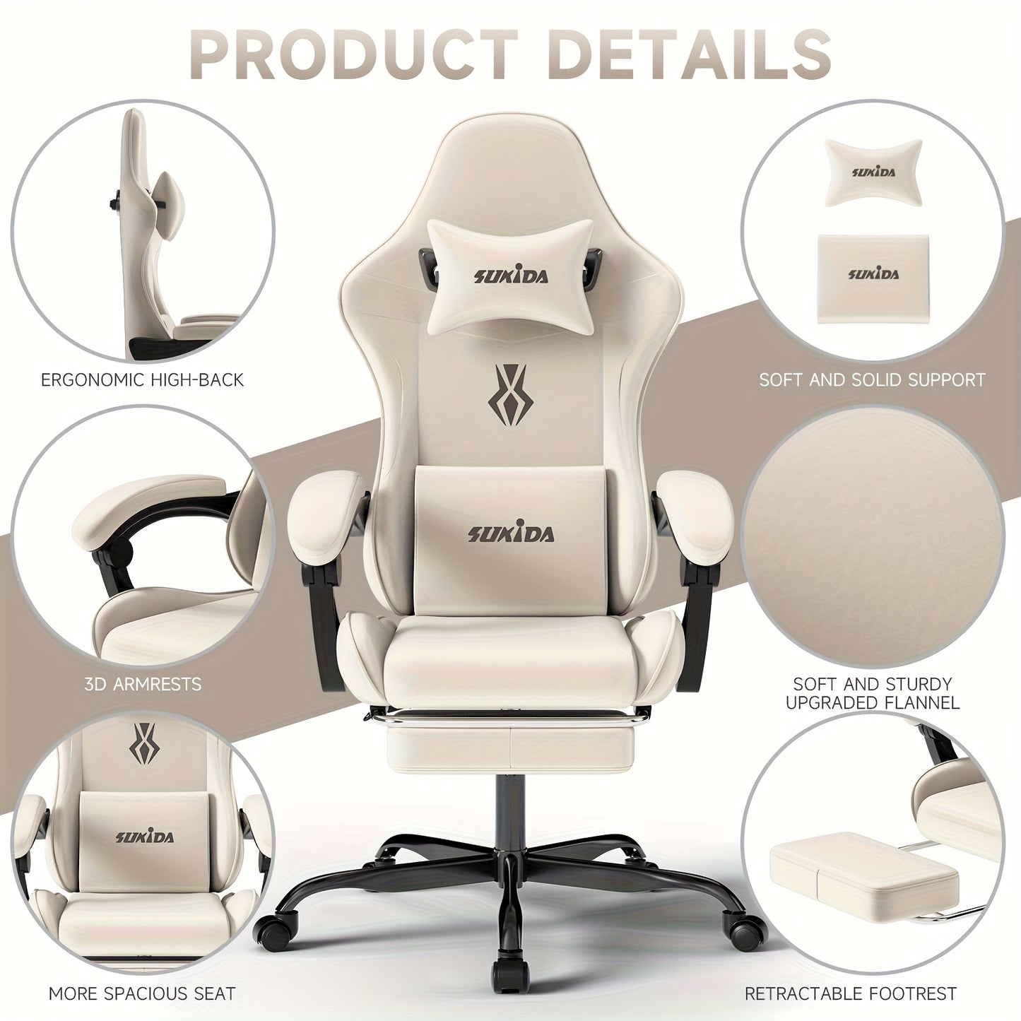 Gamingstoel – Bureaustoel – Gamestoel – Werkstoel – Bureauzetel – Ergonomisch Design – Memory Foam Zitting – Beige Kleur – Met Voetensteun