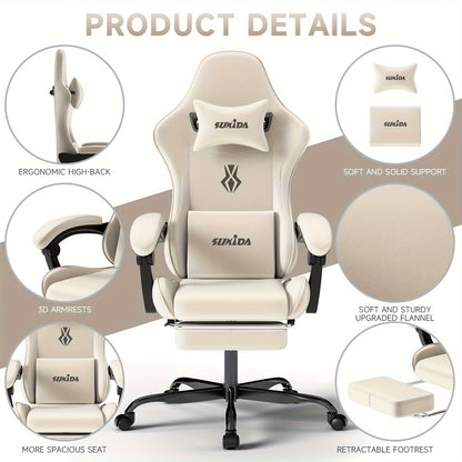Gamingstoel – Bureaustoel – Gamestoel – Werkstoel – Bureauzetel – Ergonomisch Design – Memory Foam Zitting – Beige Kleur – Met Voetensteun