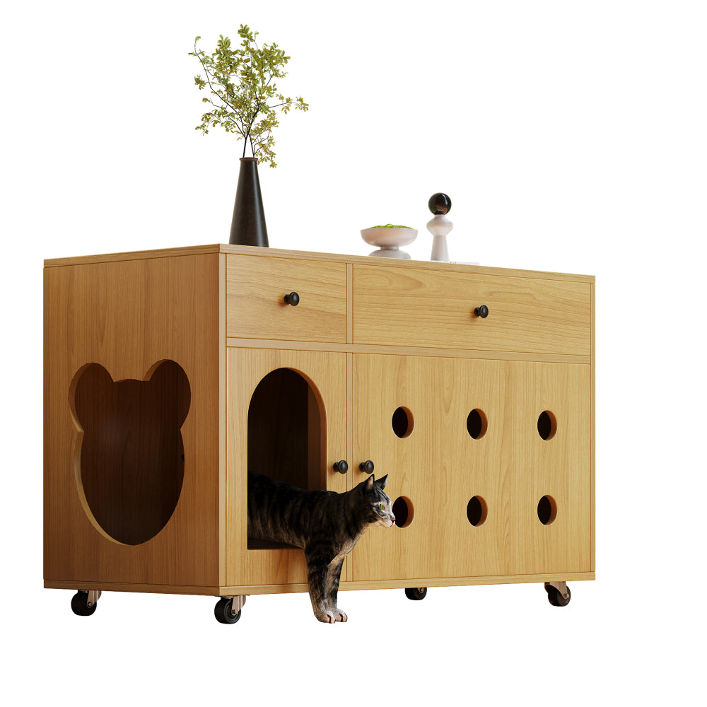 Modern White/ Brown Pet-Friendly Cat House & Storage Cabinet with Removable Odor-Proof Litter Tray - Multi-Functional Hallway Furniture, 39”W x 18”D x 26”H (100x45x66cm) Metal-Free Assembly-Centric Design for Cat Litter