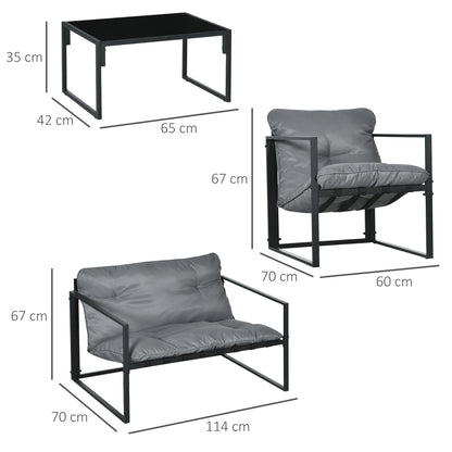 Outsunny 4pcs 4-Person Patio Set with 2-Seater Sofa, 2 Armchairs And 1 Coffee Table with 3 Cushions for Garden Patio - Black Steel Grey Polyester