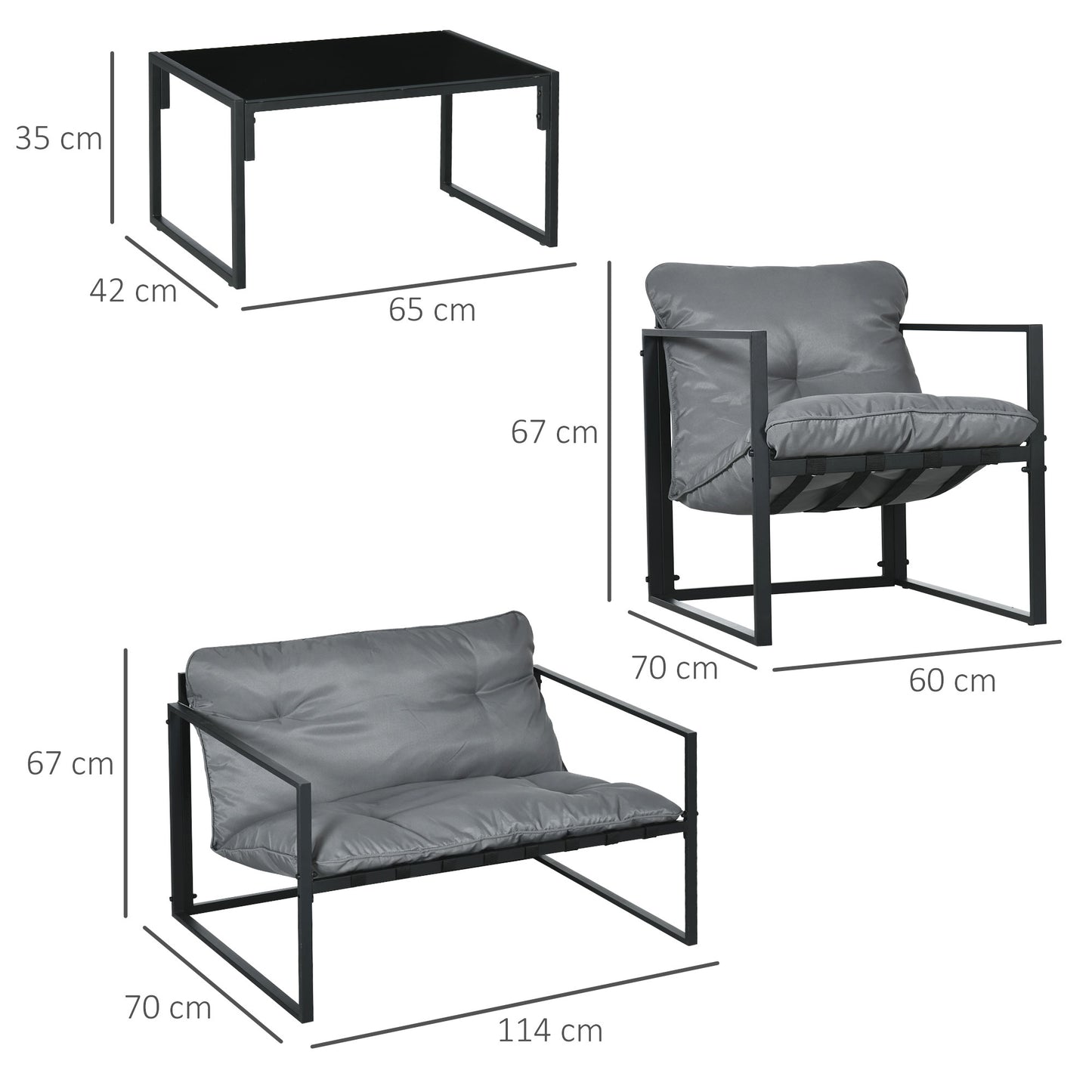 Tuinset – Balkonmeubilair – Buitenmeubilair – Terrasmeubel – Zithoek – Grijs – Zwart Stalen Frame – Weerbestendig – Met Temperglas Tafelblad – Comfortabele Dikke Kussens