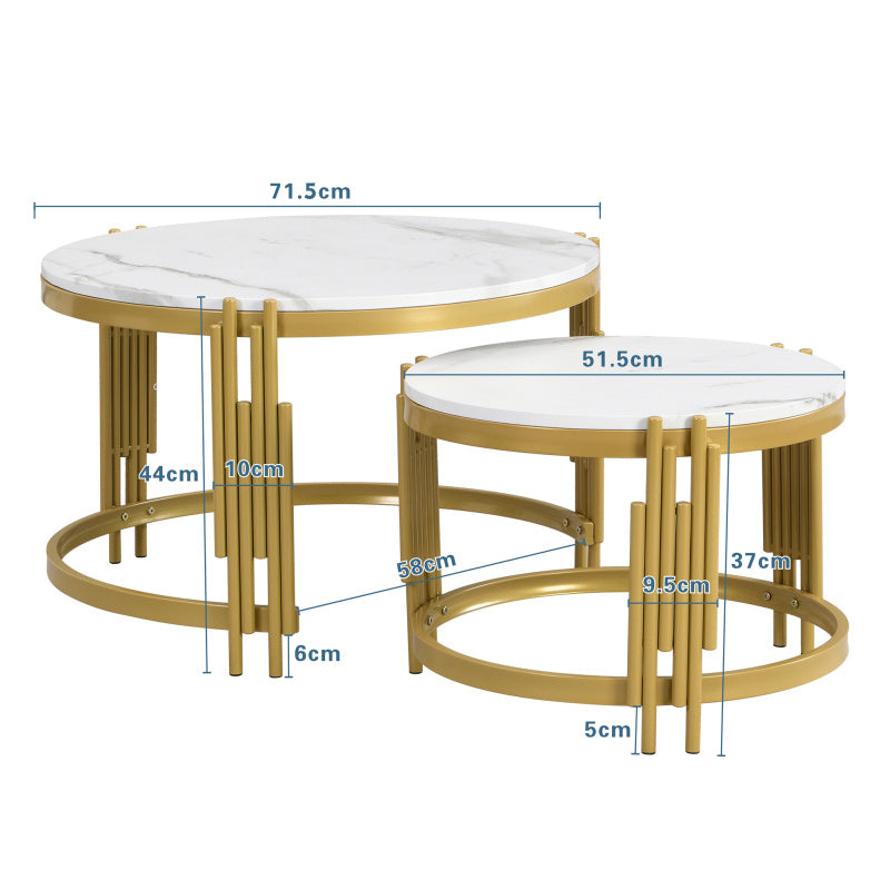 Modulaire Salontafel Set – Koffietafel – Bijzettafel – Ronde Tafels – Marmerlook Tafel – Gouden Metalen Frame – Twee Maten – Licht & Stevig Design