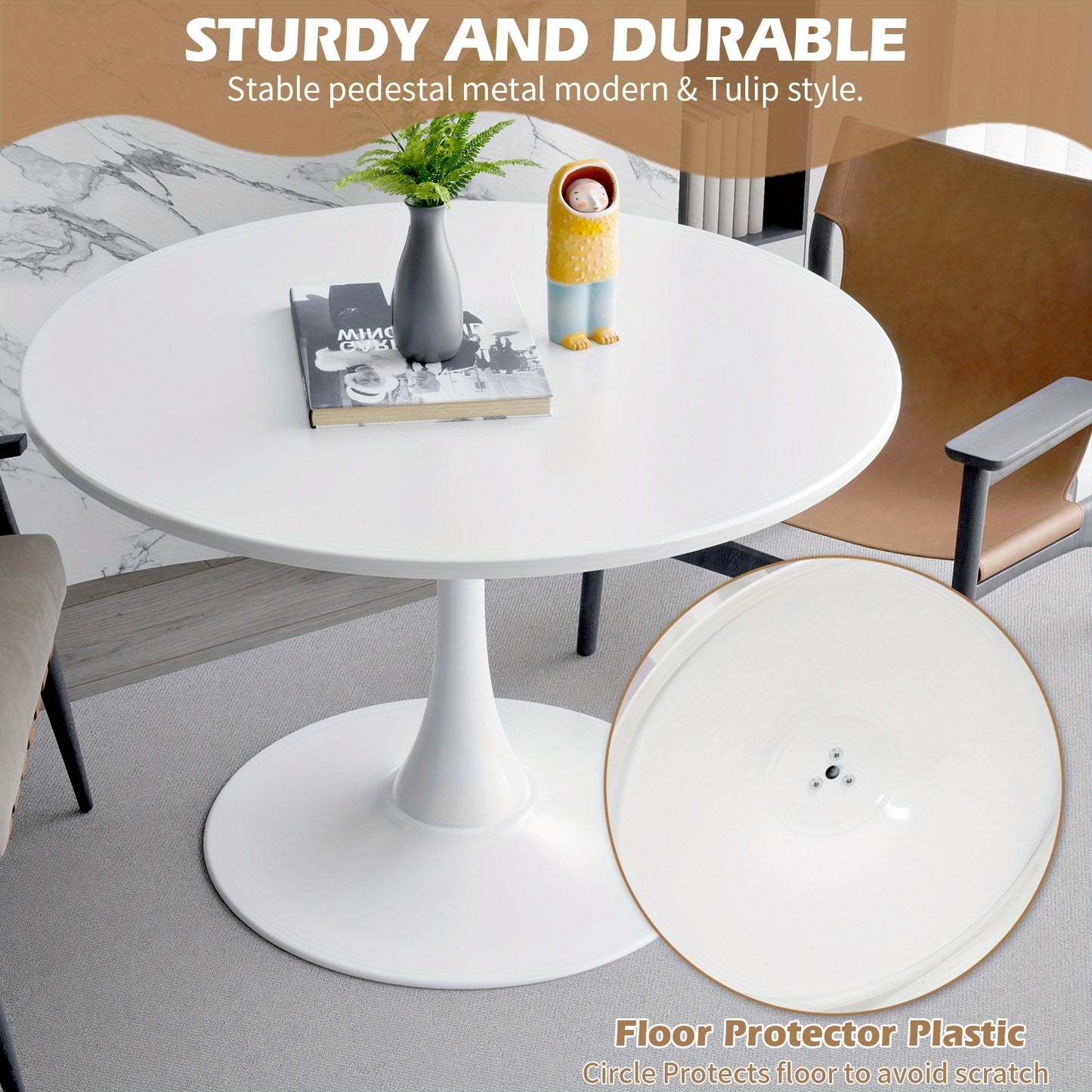 Ronde Eettafel – Keukentafel – Salontafel – Bijzettafel – Tafel Voor 2-4 Personen – Wit Marmeren Blad – Stabiele Metalen Onderstel