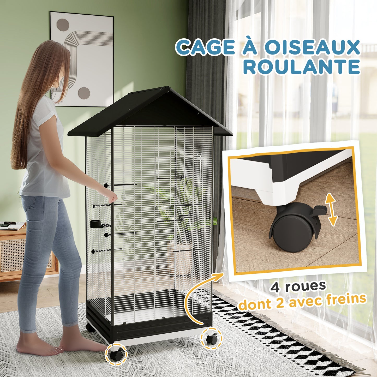 Vogelkooi – Vogelkooi Op Standaard – Vogelkooi Op Wielen – Vogelkooi Binnen – Vogelkooi Met Lade – Ruime Binnenkooiverdeling – Inclusief 2 Voeders En 8 Zithokken – Stalen Draad Zwart – 79x65x155 cm