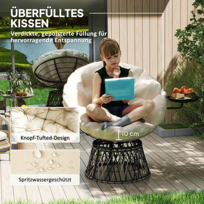 360° Draaibare Papasan Stoel – Rotatiesstoel – Lounge Stoel – Wicker Stoel – Relaxstoel – Metalen Kunststof Frame – Pluche Kussen – Beige Rotan Look – 90 cm Rond – Binnen Buiten Gebruik – Direct Klaar Voor Gebruik