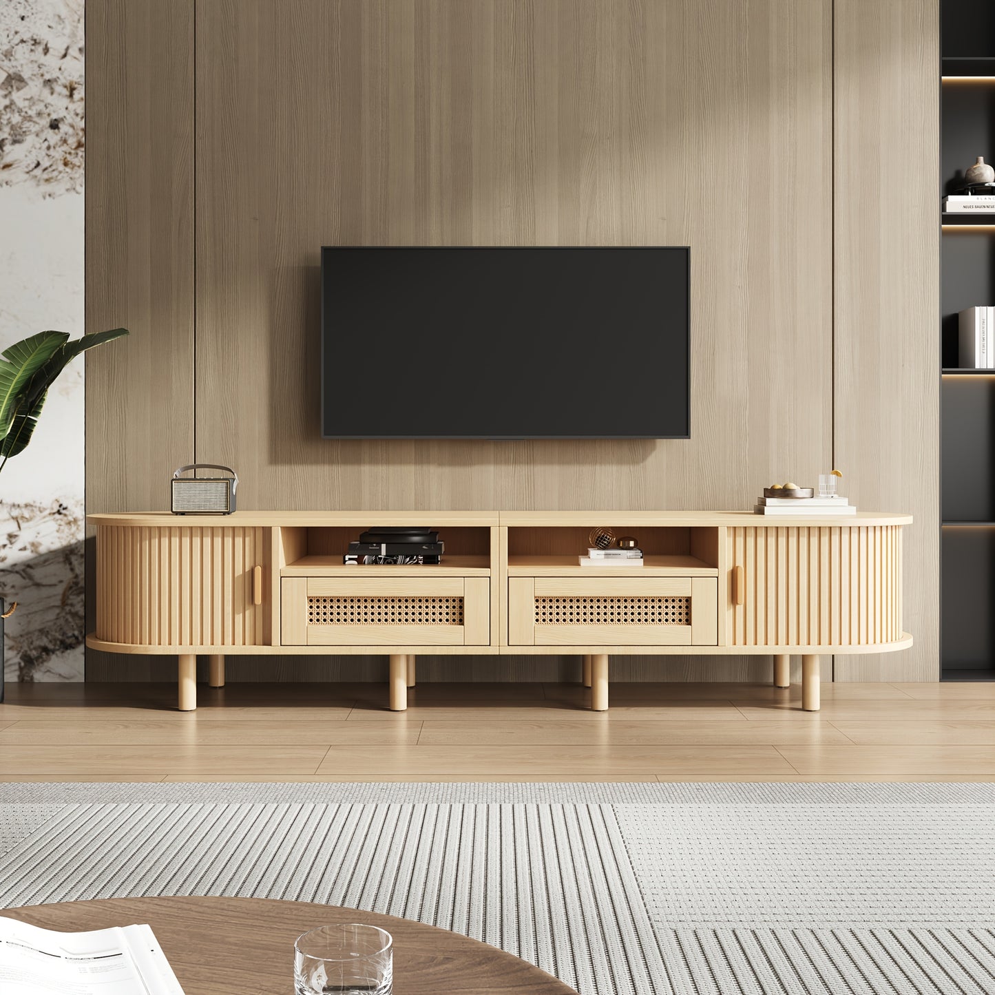 Tv-Meubel – Tv-Kast – Tv-Tafel – Dressoir – Media-Kast – Ovaal Design – 170x40x40 cm – 2 Rieten Lades & 2 Schuifdeuren – Geschikt Voor Tv Tot 70 Inch – Lichtgewicht Houtkleur