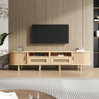 Tv-Meubel – Tv-Kast – Tv-Tafel – Dressoir – Media-Kast – Ovaal Design – 170x40x40 cm – 2 Rieten Lades & 2 Schuifdeuren – Geschikt Voor Tv Tot 70 Inch – Lichtgewicht Houtkleur