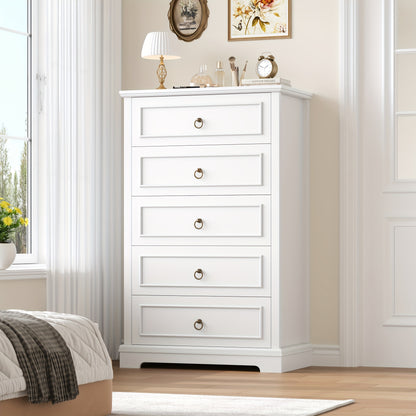 Hoge Ladekast – Commode – Kasten – Opbergkast – Dressoir – Wit Met Houten Nerf – 5 Ruime Lades – Compact En Stevig