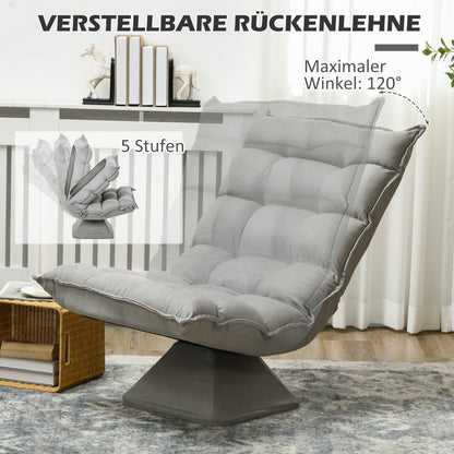 Vloerstolstoel – Grondstoel – Loungestoel – Relaxstoel – Gamingstoel – Lichtgrijs – Verstelbare Rugleuning Tot 120° – 360° Draaibaar Met Stalen Frame
