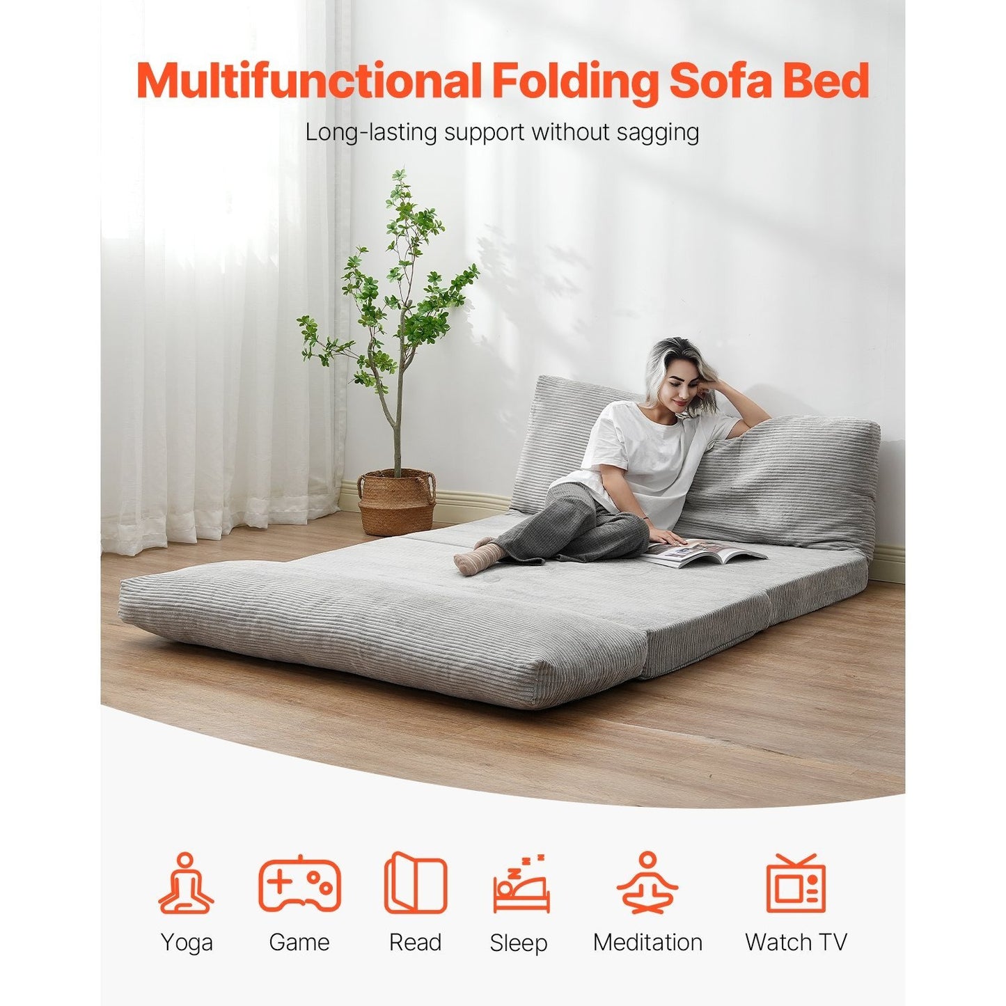 Vouwbank – Slaapbank – Klikklapbank – Bedbank – Loungestoel – Lichtgrijs – Wasbare Hoes – Hoogwaardig Schuim
