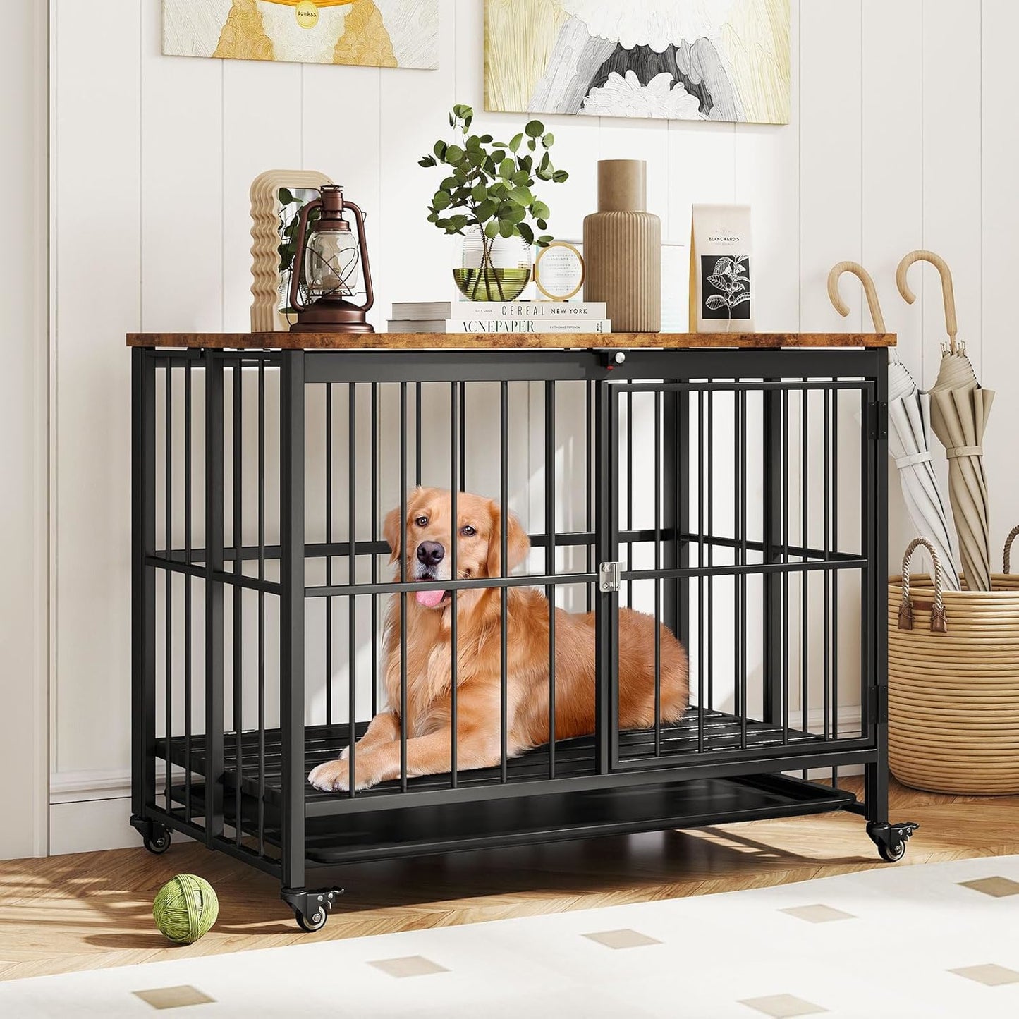Hondenbench – Hondenkooi – Hondenverblijf – Dierenbench – Huisdierenbench – Metalen Constructie – Afneembare Lade – Veilig Slot – Wieltjes – Rustic Brown & Black