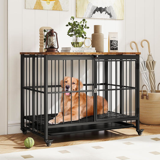 Hondenbench – Hondenkooi – Hondenverblijf – Dierenbench – Huisdierenbench – Metalen Constructie – Afneembare Lade – Veilig Slot – Wieltjes – Rustic Brown & Black