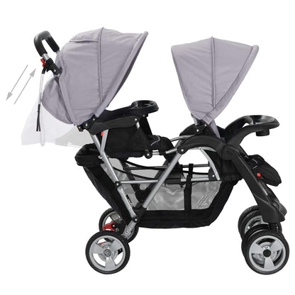 Buggy – Kinderwagen – Plooibuggy – Wandelwagen – Dubbele Buggy – Stalen Frame – Inklapbaar – Zonnekap – Grijs