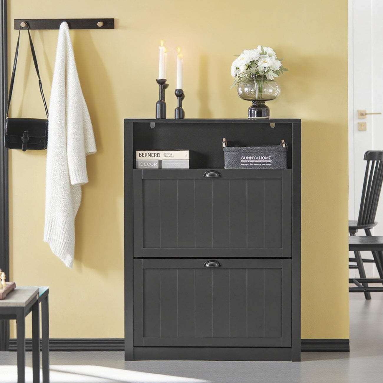 Schoenenkast – Schoenopberger – Schoenrek – Schoenmeubel – Dressoir – Wit – Twee Inklapbare Lades – Glazen Bovenblad