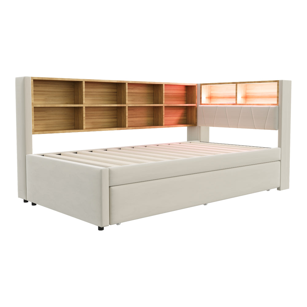 Sofa Bed 90x200, Pull-out Bed 90x190, Equipped with Multiple Storage Compartments, Upholstered Bed, Multi-functional Sofa Bed, Single Bed, Flannel, Beige.
